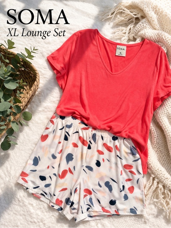 Soma Other - Soma XL Lounge Set Coral Tee & Printed Shorts Soft Pajamas